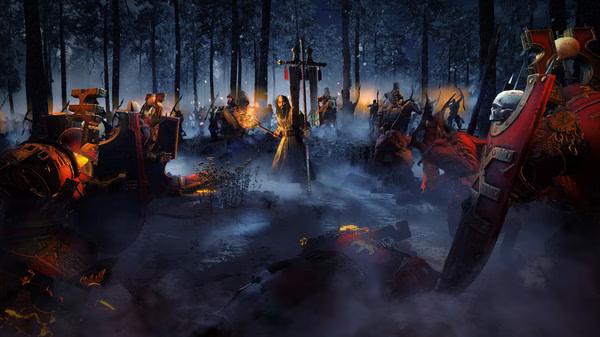 Total War: WARHAMMER III screenshot showing a tense standoff between armored warriors and a robed figure in a misty forest.