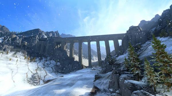 Screenshot from Total War: WARHAMMER III showing a snowy landscape with a large stone bridge and distant mountains under a clear sky.
