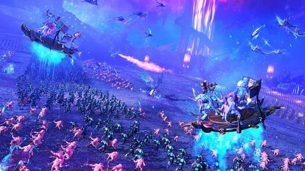 A screenshot of Total War: WARHAMMER III showing a chaotic battle with flying units, magic, and armies clashing in a vibrant, mystical landscape.