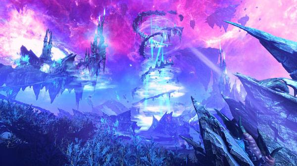 Total War: WARHAMMER III screenshot showing a vibrant, otherworldly landscape with jagged terrain, glowing structures, and a swirling vortex.