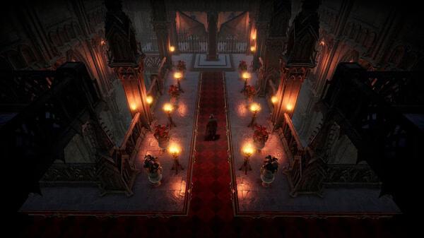 Screenshot from V Rising showing a vampire character standing in a dimly lit, gothic hallway with torches and red carpet.