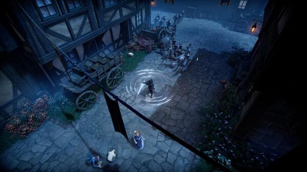 V Rising screenshot: A vampire fights a group of enemies in a medieval village setting, surrounded by carts and cobblestone streets.