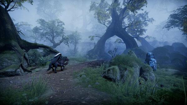 V Rising screenshot: A vampire character explores a misty forest path surrounded by ancient, twisted trees and lush greenery.