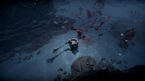 V Rising screenshot: A vampire character battles werewolves on icy terrain, with blood and action effects visible.