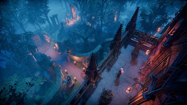 V Rising screenshot: A vampire stands on a castle balcony overlooking a misty, illuminated forest path with gothic architecture.