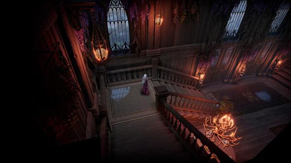V Rising screenshot: A character in a red cloak stands on a grand wooden staircase, surrounded by ornate lanterns and gothic decor.