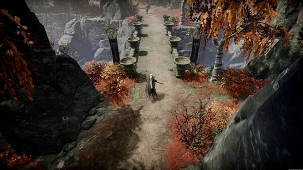 V Rising screenshot: A vampire character walks on a stone bridge surrounded by autumn trees and rocky cliffs.