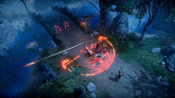 V Rising screenshot: A vampire battles enemies using fiery abilities on a moonlit forest path near a stone bridge and glowing lantern.