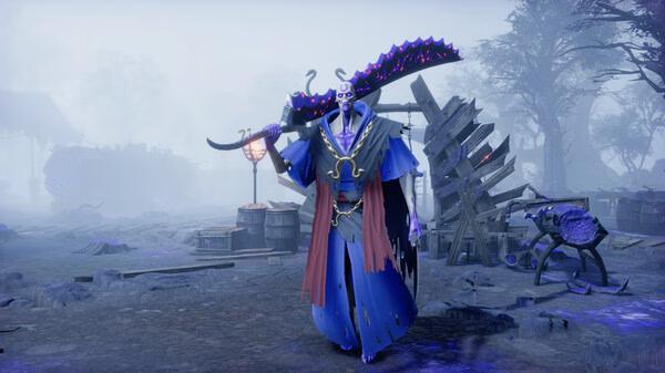 V Rising screenshot: A formidable, blue-clad vampire wielding a massive sword stands in a misty, eerie landscape surrounded by barrels and wooden debris.