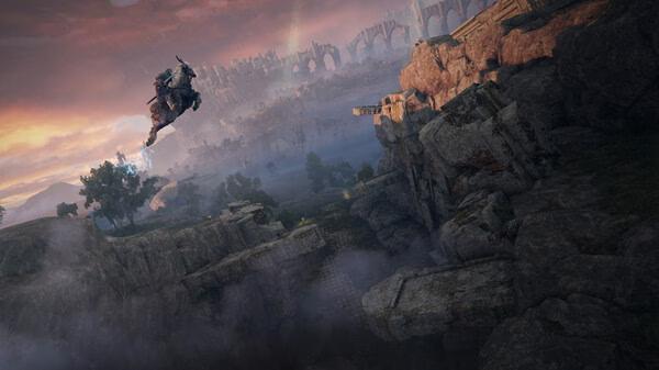 Elden Ring screenshot of a character on horseback leaping across a vast canyon with ancient ruins and a dramatic sunset in the background.