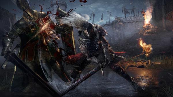 Elden Ring screenshot: A knight battles a heavily armored foe in a dark, medieval setting with a fiery backdrop.