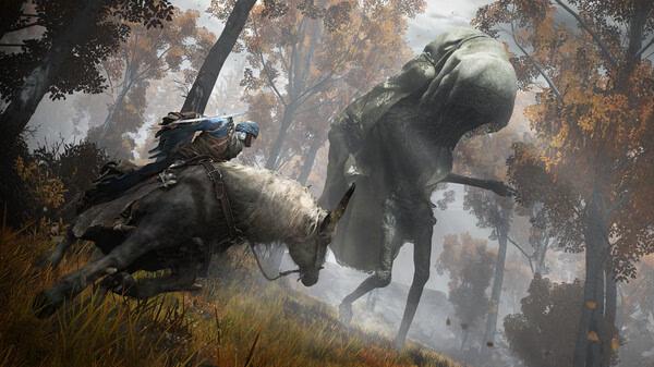 Screenshot from Elden Ring showing a player on horseback facing a large, cloaked creature in an autumn forest.