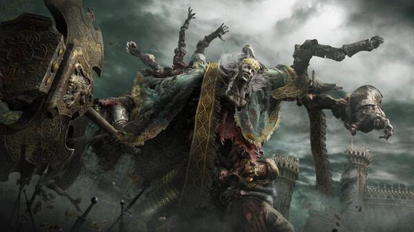 Elden Ring screenshot: A multi-armed creature in ornate armor wields a large weapon in a stormy landscape with towering structures.