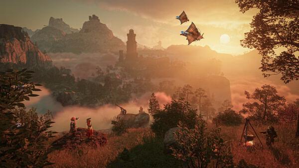Screenshot from Enshrouded showing a sunset-lit landscape with flying creatures, adventurers, and a campsite in a grassy field.