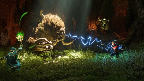 Screenshot from Enshrouded showing two characters battling a giant beast with magical weapons in a lush, forested area.