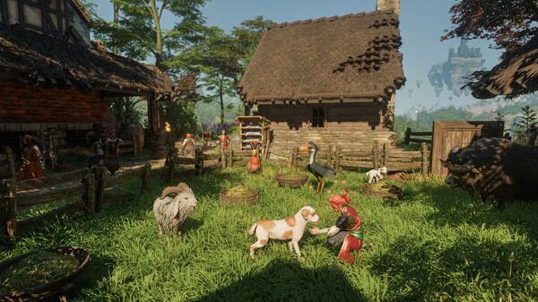 Screenshot from Enshrouded showing a lively farm with animals like a dog and goat, amidst rustic buildings and greenery.