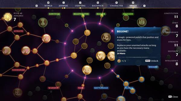Screenshot from Enshrouded showing the skill tree interface. Various skills and paths are highlighted, including "BEGONE!" skill details.