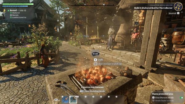 Enshrouded screenshot: A crafting station with food cooking in a vibrant village setting, surrounded by NPCs and detailed buildings.