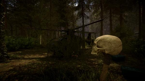 Sons Of The Forest screenshot: A helicopter covered in foliage sits in a dense forest, with a skull on a stick in the foreground.