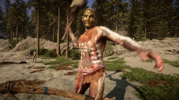 Screenshot from Sons Of The Forest showing a mutant attacking with a club in a forested area.