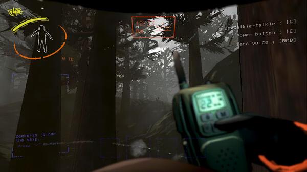 Screenshot from Lethal Company showing a player holding a walkie-talkie in a dark, misty forest setting.