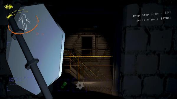 Screenshot from Lethal Company showing a player holding a stop sign as a weapon while exploring a dimly lit building.