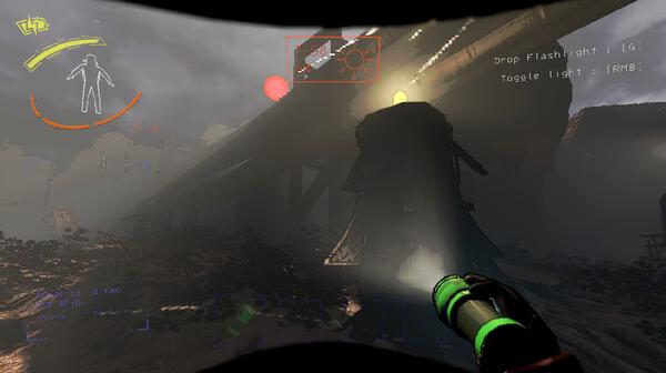 Lethal Company screenshot: A player shines a flashlight at a dark structure under a foggy sky, with game HUD elements visible.