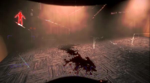 Screenshot from Lethal Company showing a dark, eerie hallway with a bloodstain on the floor and a red figure icon on the left.