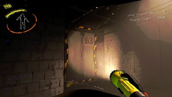 Screenshot from Lethal Company showing a player holding a flashlight in a dimly lit room with a sign marked 'B3'.