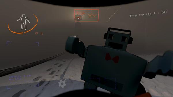 A screenshot from Lethal Company showing a toy robot with a bowtie approaching in a dark, foggy environment.