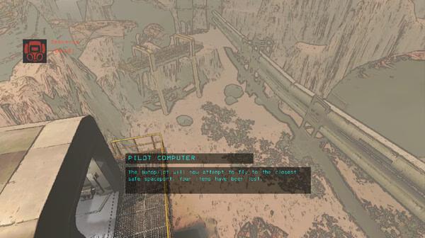 Screenshot from Lethal Company showing a desert landscape with cliffs, a bridge, and a pilot computer interface in the foreground.