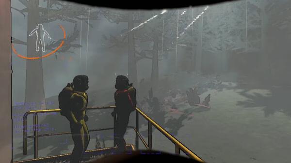 Screenshot from Lethal Company showing two characters in hazmat suits on a platform overlooking a foggy forest.