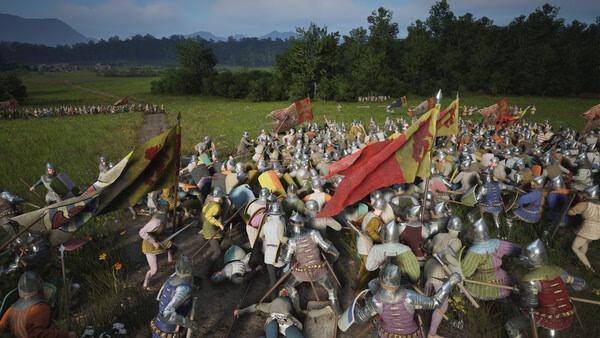 Manor Lords screenshot: A large medieval battle scene with armored soldiers clashing in a grassy field, surrounded by lush trees and distant mountains.