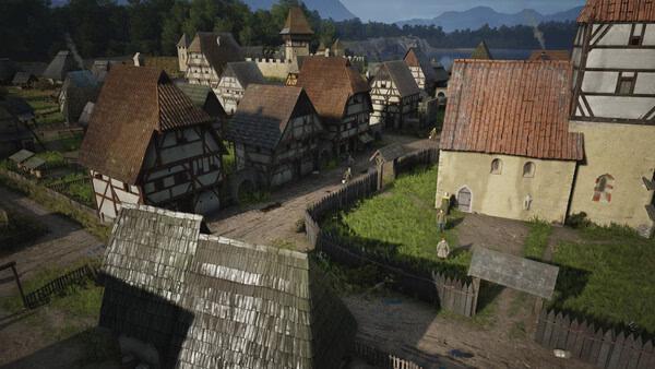 A Manor Lords screenshot showing a medieval village with timber-framed houses, cobblestone paths, and lush greenery under a clear sky.