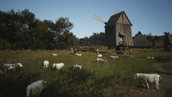 A Manor Lords screenshot showing sheep grazing in a grassy field near a wooden windmill and villagers working in the background.