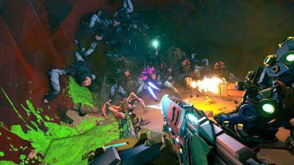 Deep Rock Galactic: Rogue Core screenshot showing intense combat with weapons firing at alien creatures in a dark cave environment.