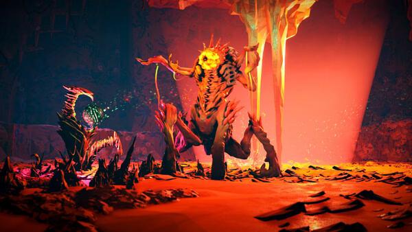 Screenshot from Deep Rock Galactic: Rogue Core showing a fierce alien creature in an underground cavern with glowing crystals.