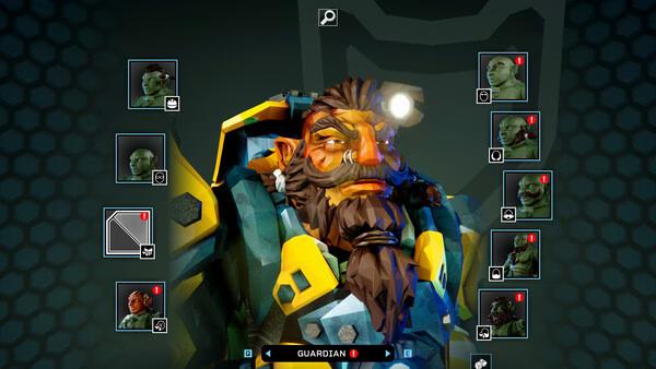 Deep Rock Galactic: Rogue Core screenshot showing a character selection menu with a dwarf in armor surrounded by other character options.