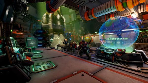 Screenshot from Deep Rock Galactic: Rogue Core showing miners in a futuristic base with a glowing mission selection hologram.