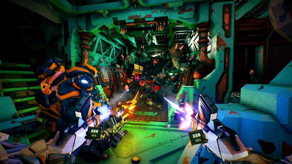 Screenshot from Deep Rock Galactic: Rogue Core showing a player character firing weapons at insect-like alien creatures in a cave.