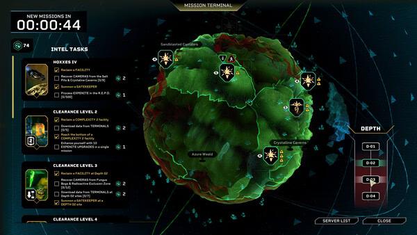 Screenshot from Deep Rock Galactic: Rogue Core showing the mission terminal, planet map, intel tasks, and mission selection interface.
