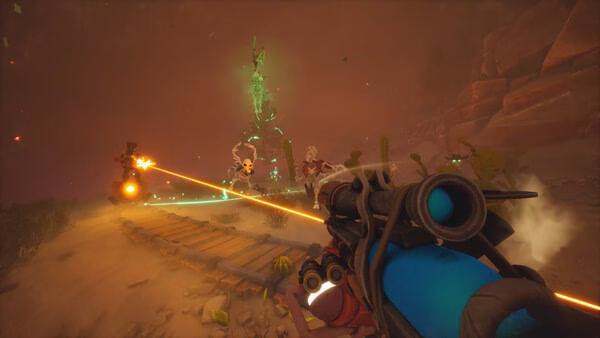 Screenshot from Far Far West showing a player aiming a rifle at enemies on a desert path, with glowing projectiles in motion.