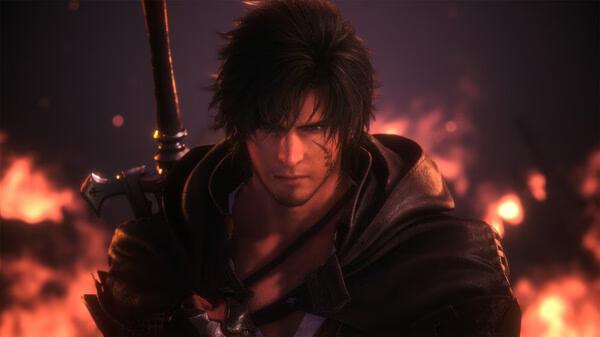 Screenshot from FINAL FANTASY XVI showing a character with a sword on their back, surrounded by glowing embers in the background.