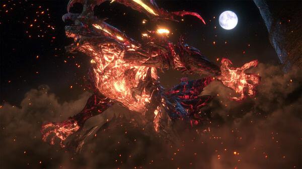 FINAL FANTASY XVI screenshot: A fiery, monstrous creature emerges under a full moon, engulfed in flames and surrounded by sparks.