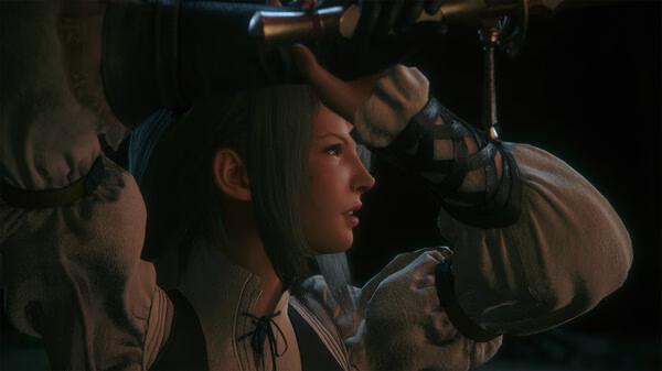 FINAL FANTASY XVI screenshot: Character holding a weapon, arm raised, wearing detailed clothing against a dark background.