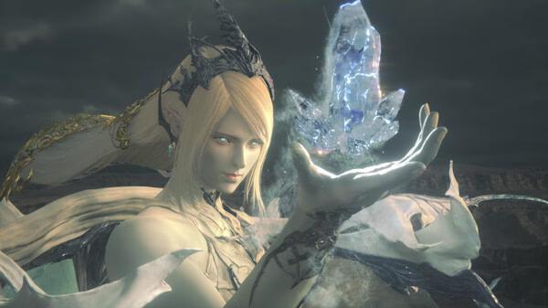A screenshot from FINAL FANTASY XVI showing a character summoning a glowing crystal with intricate details in a dramatic setting.