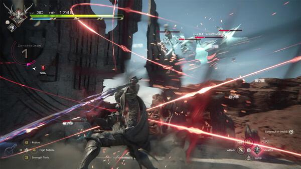 FINAL FANTASY XVI screenshot: A battle scene with a warrior attacking enemies amidst dynamic red streaks in a rocky landscape.