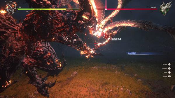 Screenshot from FINAL FANTASY XVI showing a fierce battle between Ifrit and Garuda, with fiery attacks lighting up the night.