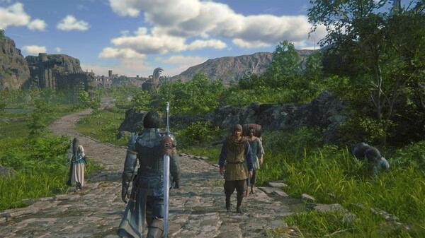 FINAL FANTASY XVI screenshot: A character in armor walks along a path with travelers, surrounded by lush greenery and a distant castle.