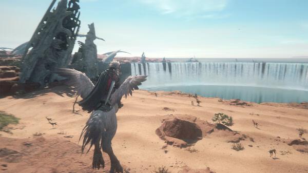 A FINAL FANTASY XVI screenshot showing a character riding a Chocobo across a desert, with a waterfall and ruins in the background.